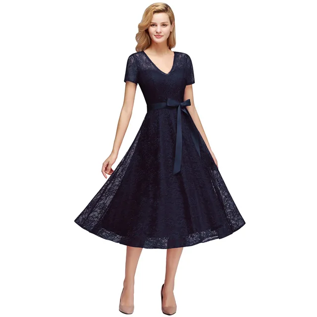 Vestido De Noiva, новинка, пыльно-розовое платье подружки невесты, плюс размер, короткое Кружевное ТРАПЕЦИЕВИДНОЕ ПЛАТЬЕ трапециевидной формы с v-образным вырезом, свадебное платье, официальное платье для выпускного вечера - Цвет: Navy Blue