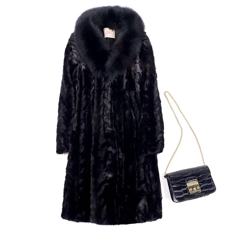 

Long style natural mink fur coats outerwear women's real fox fur collar plus size genuine fur jackets 2019 new autumn winter