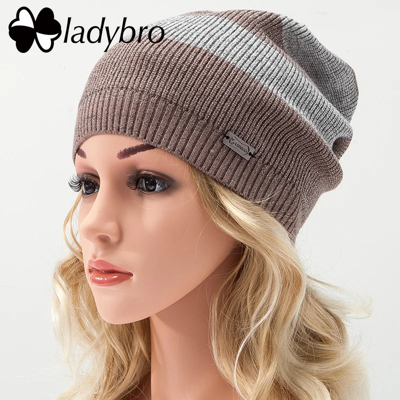 Ladybro осень-зима шляпа Для женщин шерстяные шапочки трикотажный свитер шляпа Кепки; женские туфли на плоской подошве в полоску лыжи gorros Для женщин шляпа теплая шапка Femme