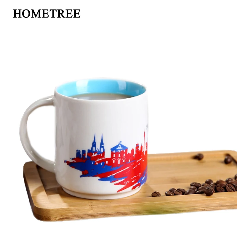 

HOMETREE 420ml Personality Colourful Ceramic Coffee Cups Tea Milk Cups Office Round Handle Mark Water Cup City Iandscape HK03