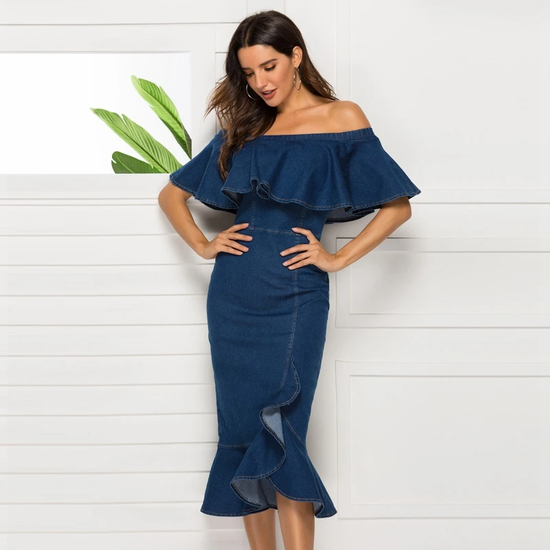 

Women Elegant Jeans Dress 2021 Autumn Sexy Ruffles Slash Neck Strapless Hips Party Long Dress Ladies Off Shoulder Denim Dress