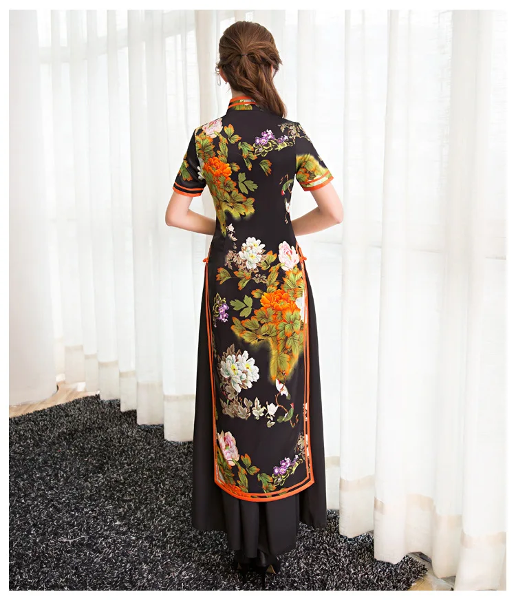 Весна Лето шелк cheongsam длинное улучшение китайский династии Мин Стиль Платье Азиатский Вьетнам с коротким рукавом Ao dai Qipao наборы