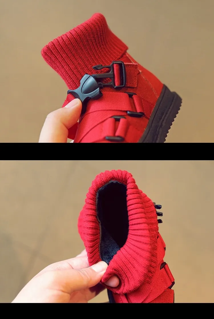 2016 Осень Зима Дети Пряжки Мартин Сапоги Вязаный Носок Натуральная Кожа Мальчики