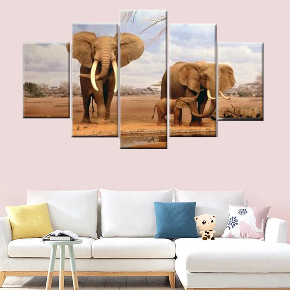 Плакат на холсте с изображением африканского слона 5 шт. HD Модульная картина для