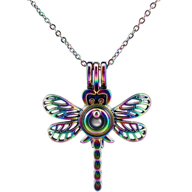 

C576 Rainbow Color Copper Dragonfly Bead Pearl Cage Necklace Pendant Aroma Essential Oil Diffuser Locket Necklace