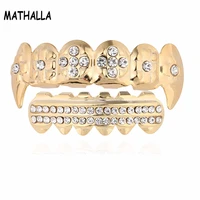 mathalla hip hop braces grillz suction micro inlaid zircon top and bottom cross shaped gold silver and rose grillz teeth set