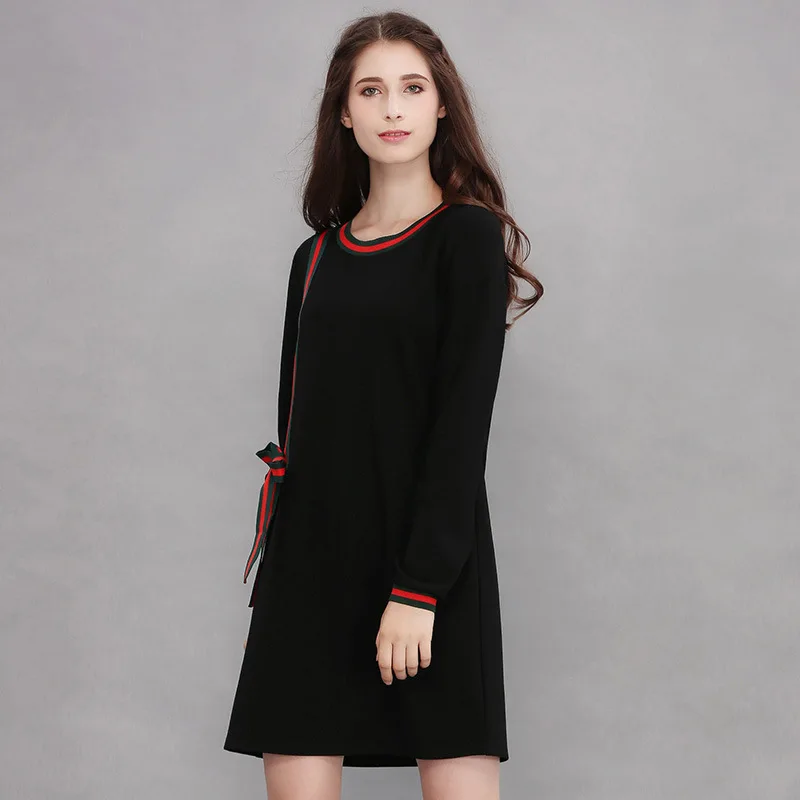 Мода 2017 Для женщин Демисезонный платье милый бант Платье черного цвета с длинным