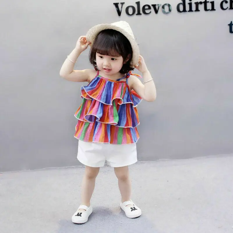 Новинка лета 2019 милый жилет с оборками для маленьких девочек Радужный топ на