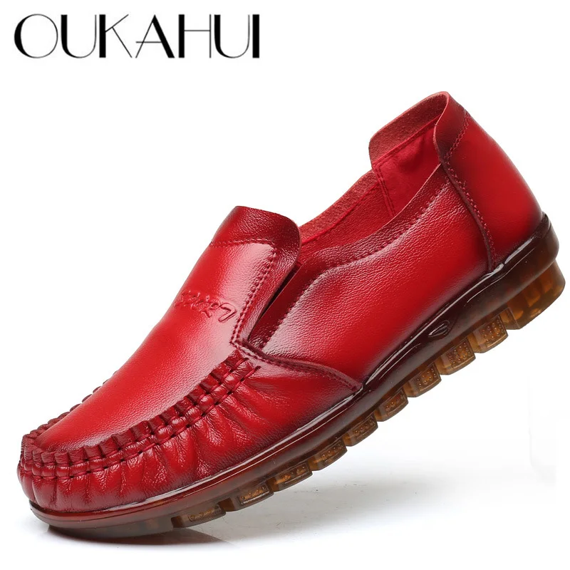 

OUKAHUI Spring Autumn Handmade Genuine Cow Leather Women Slip-on Shoes For Woman Pleated Soft Elegant Female Leisure Shoes Flat