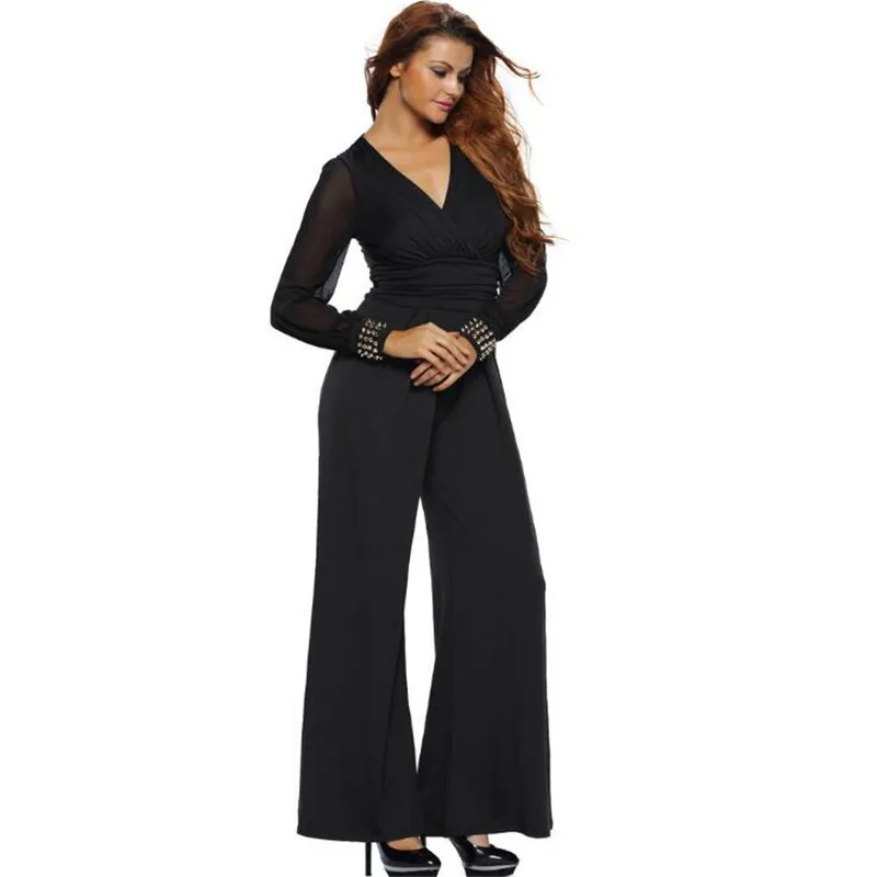 Женский комбинезон с глубоким треугольным вырезом длинным рукавом|black romper women