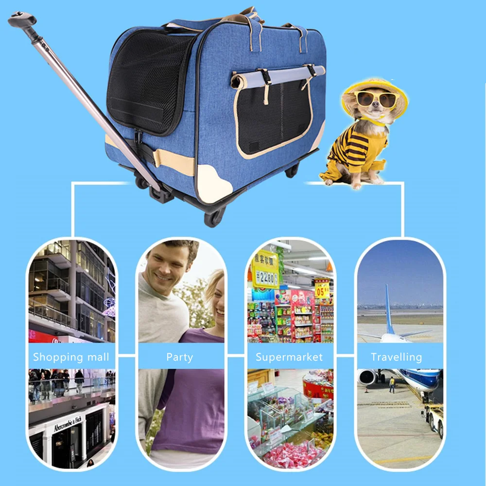 Pet Dog Carrier Bags with Removable Rolling Wheels Dogs Cats Carrier Backpack Breathable Luggage Pets Car Travel Transport Bags