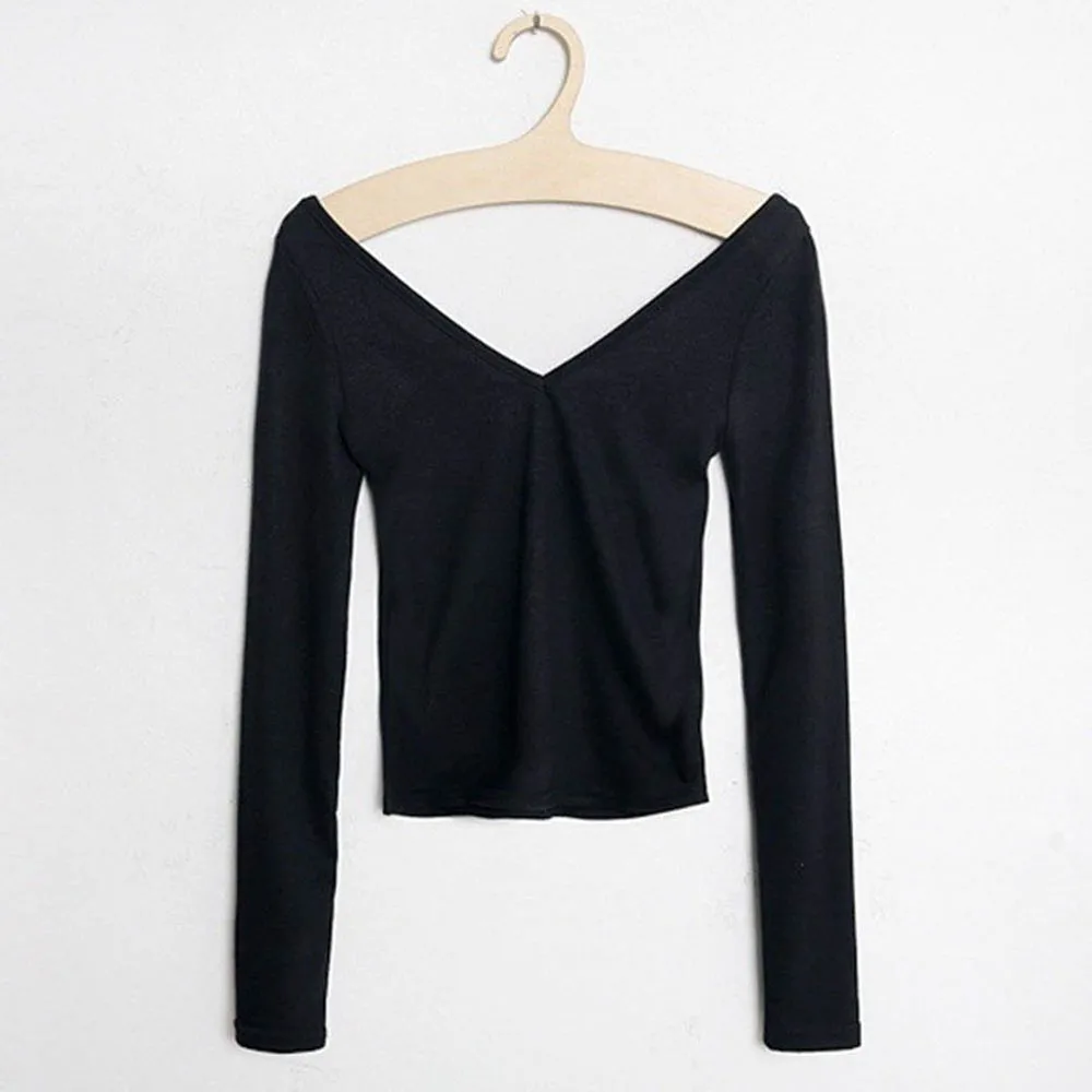 womens tops fashion 2015 autumn t shirt sexy bodysuit low collar V-neck t-shirt women crop top | Женская одежда