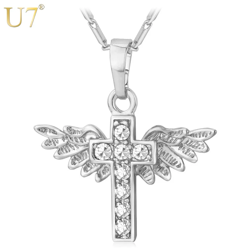 U7 Ангел Крылья Кулон Ожерелье Женщины Христианские Ювелирные Изделия Стразы