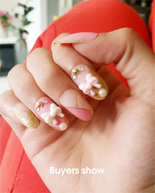 24 шт./лот накладные ногти полностью покрывающие 3D розовый лук блеск с жемчугом и