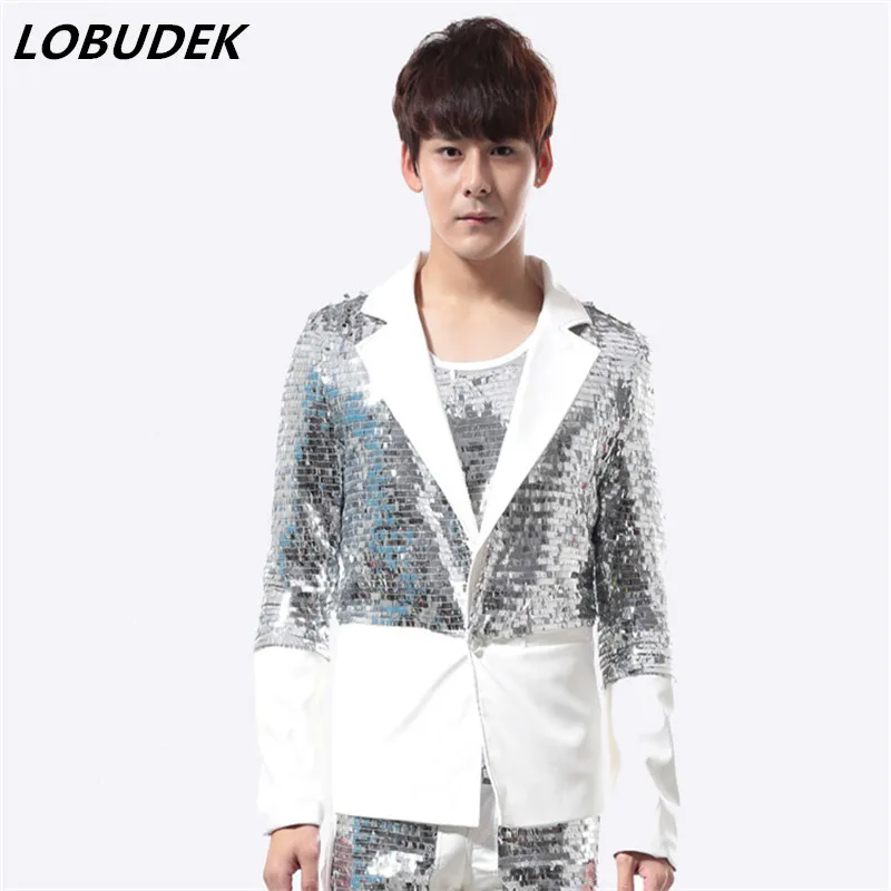 

The male singer bar DJ punk silver DS leather garment leather pants suit male costume show for dancer nightclub performance sets