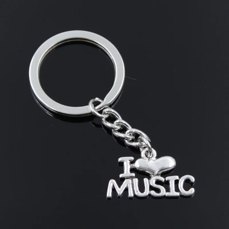 Новинка, модный мужской брелок 30 мм, металлический держатель «сделай сам», цепочка, винтажная подвеска с надписью «I Love Music» 16x28 мм, серебристый цвет, подарок