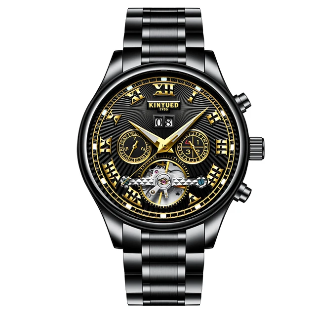 Black Steel KINYUED Automatic Mechanical Watches Men Top Brand Luxury Tourbillon Stainless Steel Waterproof Man Watch Reloj Hombre - Цвет: Black Steel