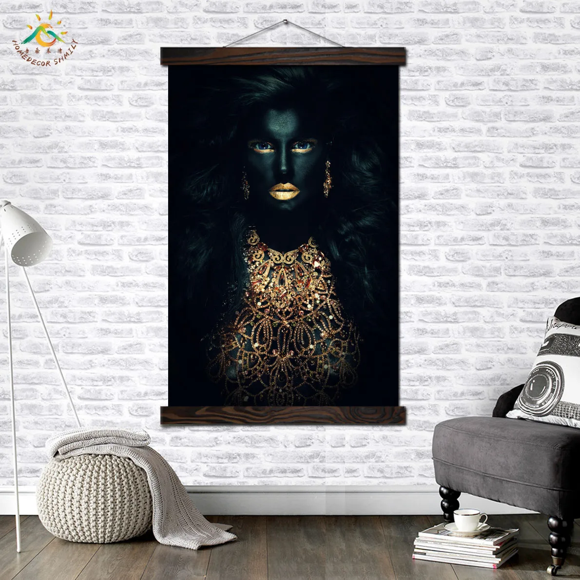 

Black and Gold Lady Modern Wall Art Print Pop Art Picture And Poster Solid Wood Hanging Scroll Canvas Painting Home Decor