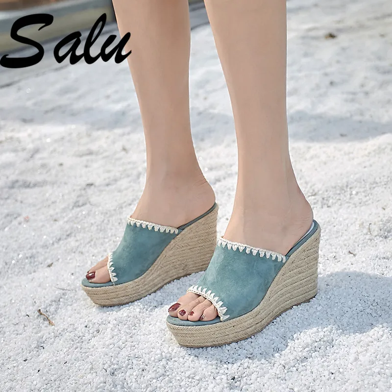 

Salu 2020 Women Wedding High Heels Kid Suede Leather Concise Sandals Wedge Heel Fashion Shoes Woman Platform Style Shoes