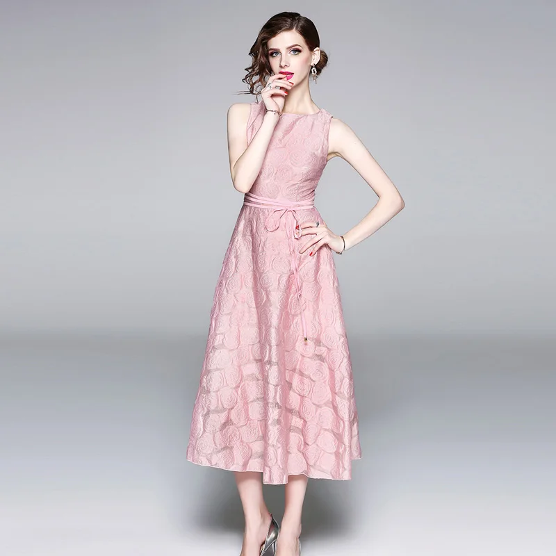 2018 летнее женское розовое жаккардовое платье без рукавов roes Vestidos длинное на