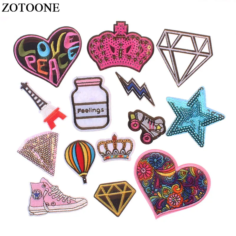 ZOTOONE Cartoon Pattern Patches for Clothing Love Diamond Cartoon Iron on Patches Cute Sewing Embroidered Clothing Accessories E