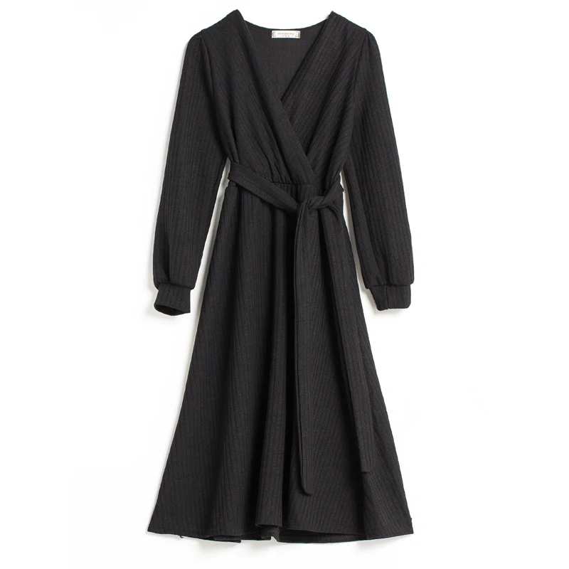 

2020 New Spring Autumn Knitted Dresses Women V-neck Full Sleeve Dress Elegant Sashes Office Lady Work Wear Slim Vestidos Dresses