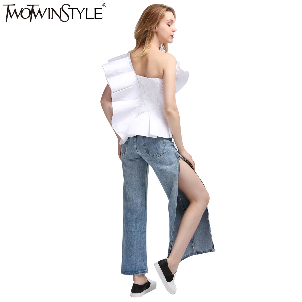 [Twotwinstyle] пикантные с открытыми плечами полосатая блуза рубашка Лето 2017 г. рюшами