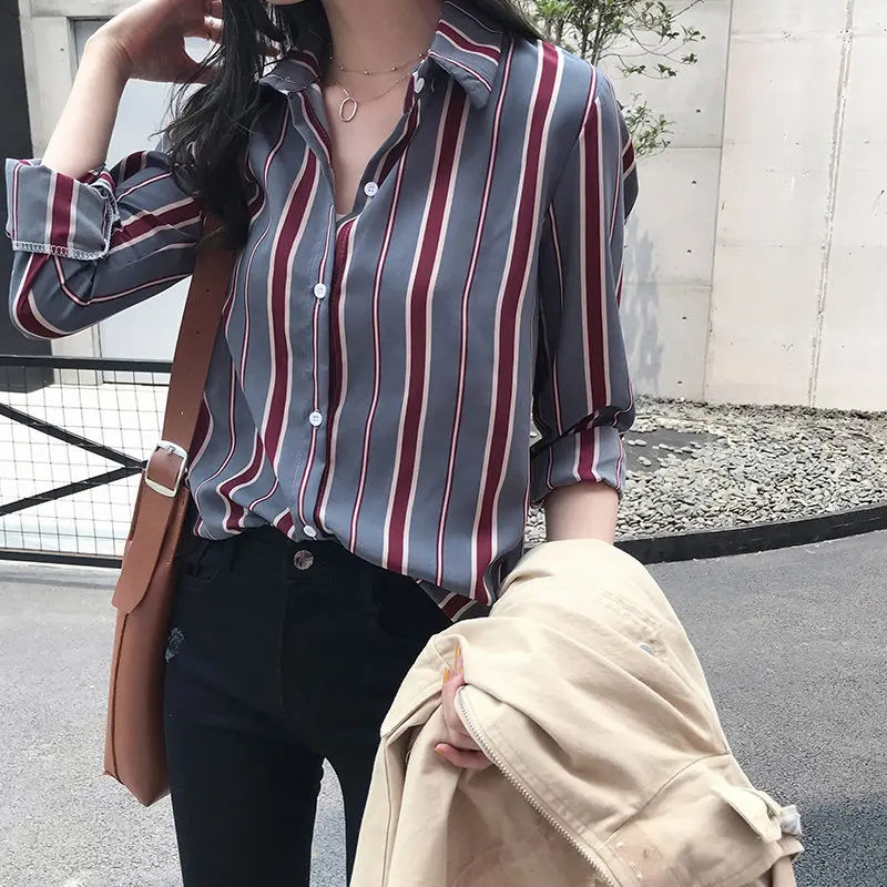 2019 Осенние блузки для женщин полосатая футболка из шифона Blusa Mujer Moda топы с