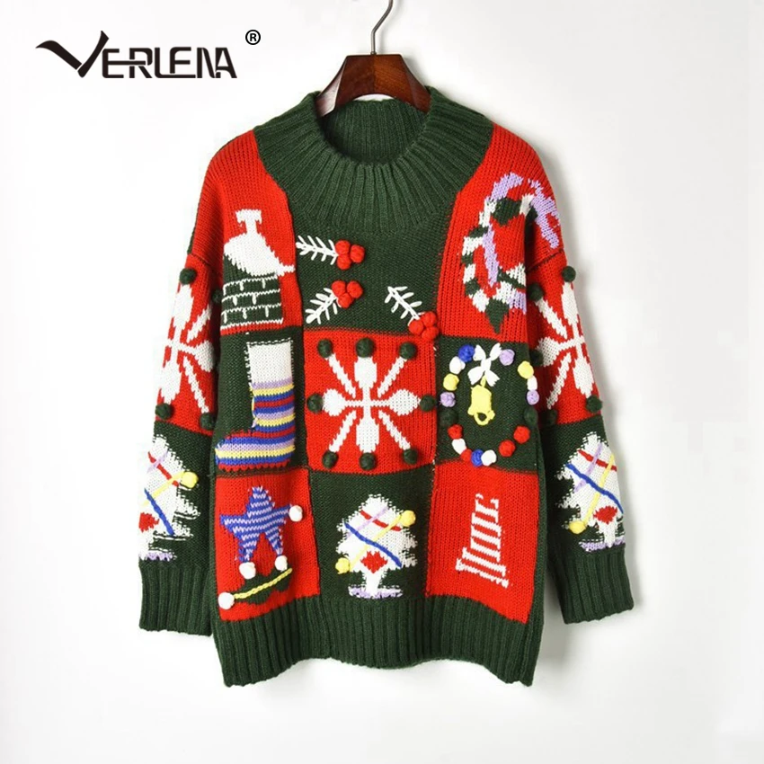 Christmas Tree Ball Snowflake Bell Holiday Sweater Women New Long Sleeve O-Neck Oversized Jumper Chic Pullover VERLENA | Женская одежда