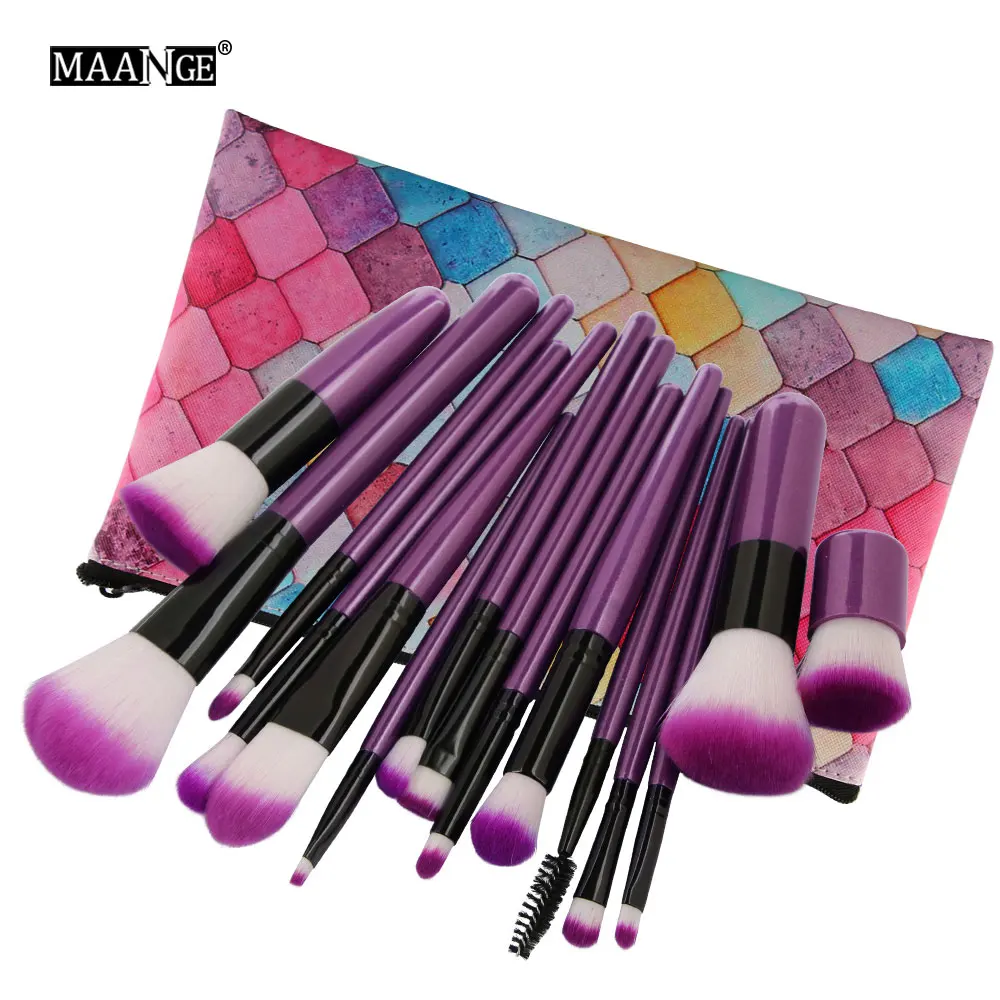 purple with bag MAANGE15Pcs набор кистей для макияжа Пудра Тени для век Контур смесь румяна губ красота Косметические мягкие синтетические волосы из искусственной кожи чехол - Handle Color: purple with bag