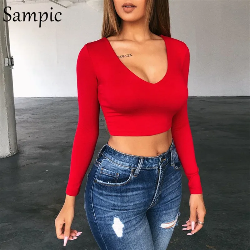 Сексуальная белая футболка Sampic женский короткий топ с длинным рукавом черная