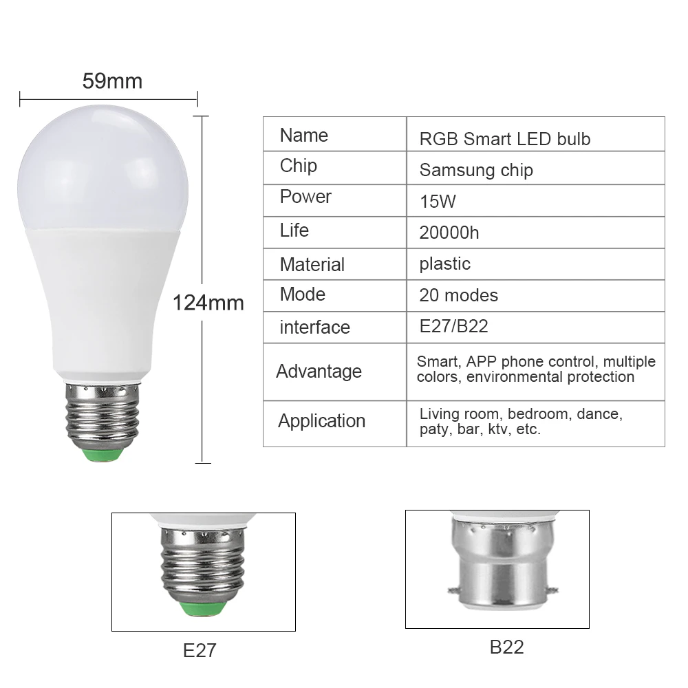 15W Ampoule LED RGBW умная лампа 85-265V E27 B22 музыка Голосовое управление Bluetooth