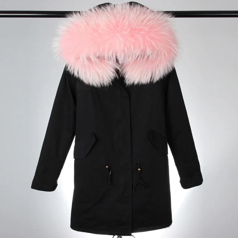 

2020 Real Fur Coat Winter Jacket Women Long Parka Natural Raccoon Fur Collar Outerwear Black Streetwear 3 In 1 New Fashion Brand