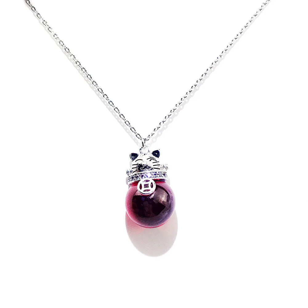 silver 0013 YUN RUO Elegant Natural Red Stone Lucky Cat Pendant Necklace Rose Gold Color Fashion Jewelry Birthday Gift Woman Drop Shipping - Окраска металла: silver 0013