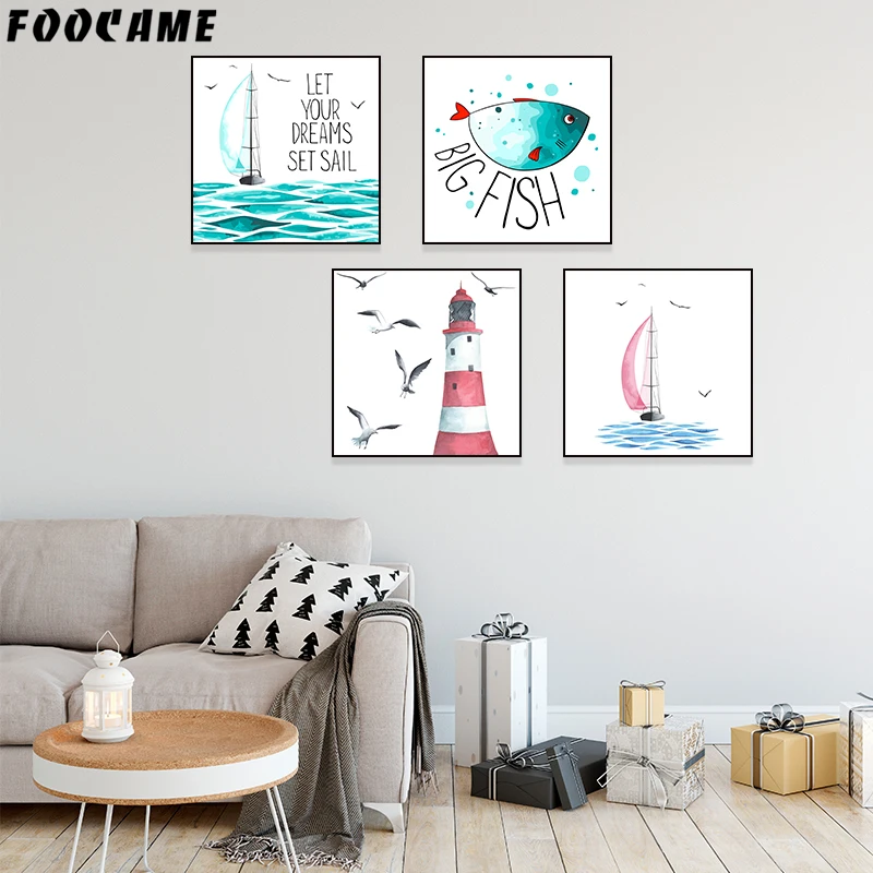 FOOCAME Sea Marine life Fish Sailboat lighthouse Canvas Painting Nordic Poster Wall Art Print Decoration Pictures Living Room | Дом и сад