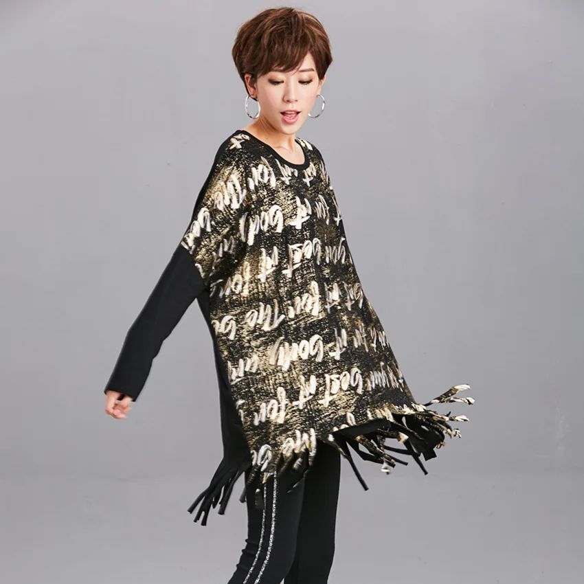 Tide brand women's spring and autumn new printing letters 200 fat MM large size tassel ladies sweater long-sleeved T-shirt | Женская