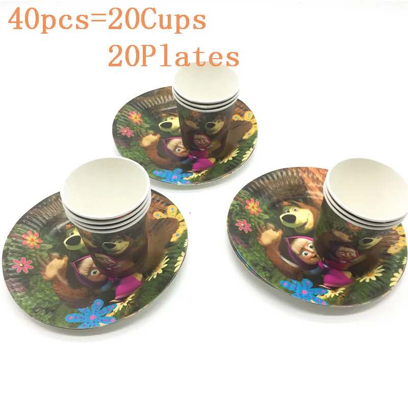 BeiPan 40pcs 20 шт/40 шт Маша и Медведь тема Девушка День Рождения мультфильм бумажная чашка+ тарелка фестиваль для свадьбы или «нулевого дня рождения» посуда поставка - Цвет: BeiPan 40pcs