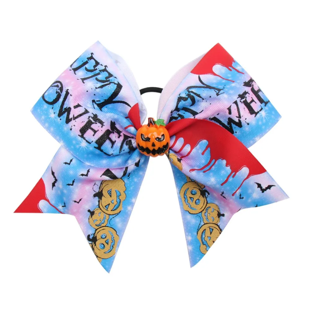 2 7 Inch Cheer Bows Halloween Hairbows Elastic Hair Bands Girls Ponytail Holder Printed Bowknot Ribbon Hair Accessories - Цвет: 2