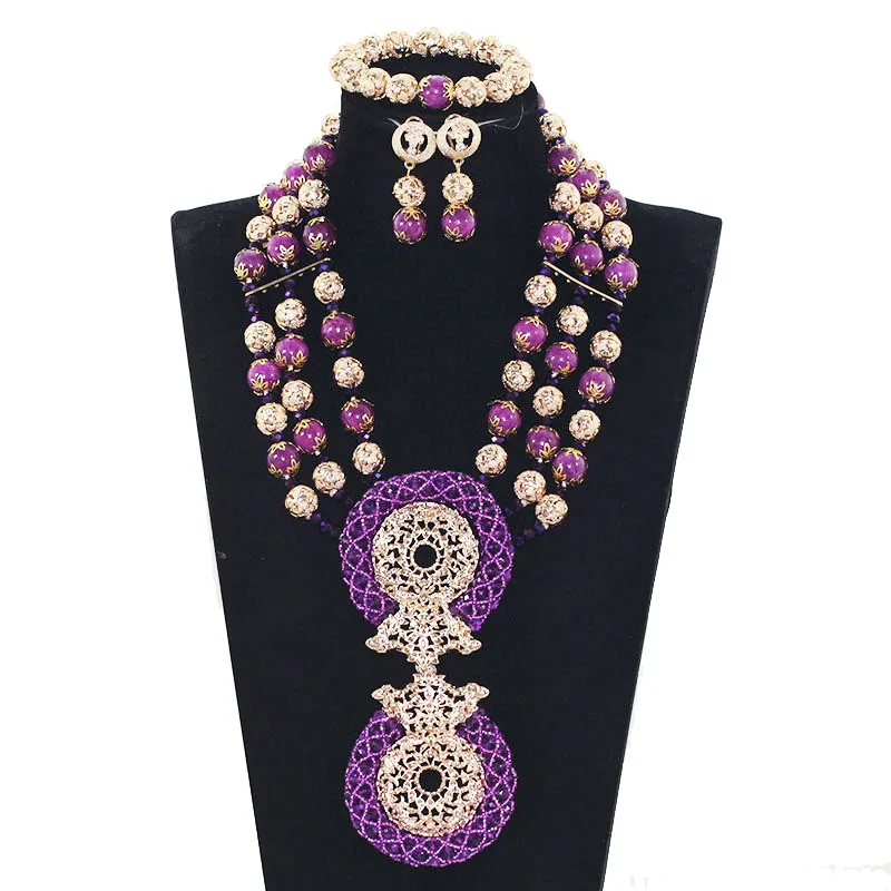 Комплект из колье и серёг с фиолетовыми бусинами|african wedding jewelry sets|necklace setwedding sets |