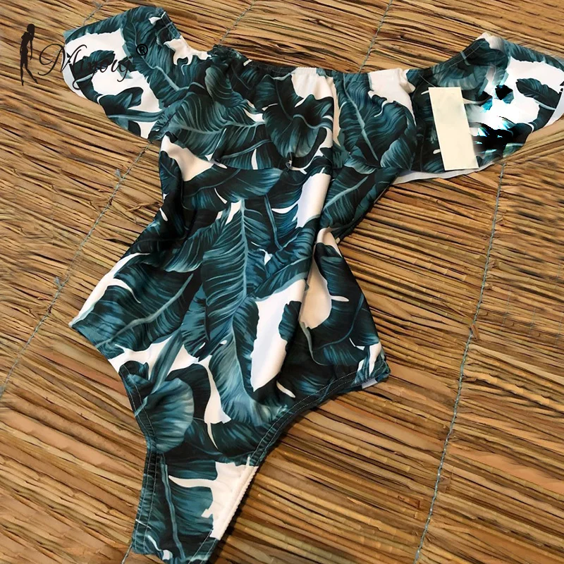 Miyouj Off Shoulder One Piece Swimsuit Female Flamingo Swimwear Retro Leaf Print Bathing Suit Women Biquini Mujer 2019 Bikini XL | Спорт и