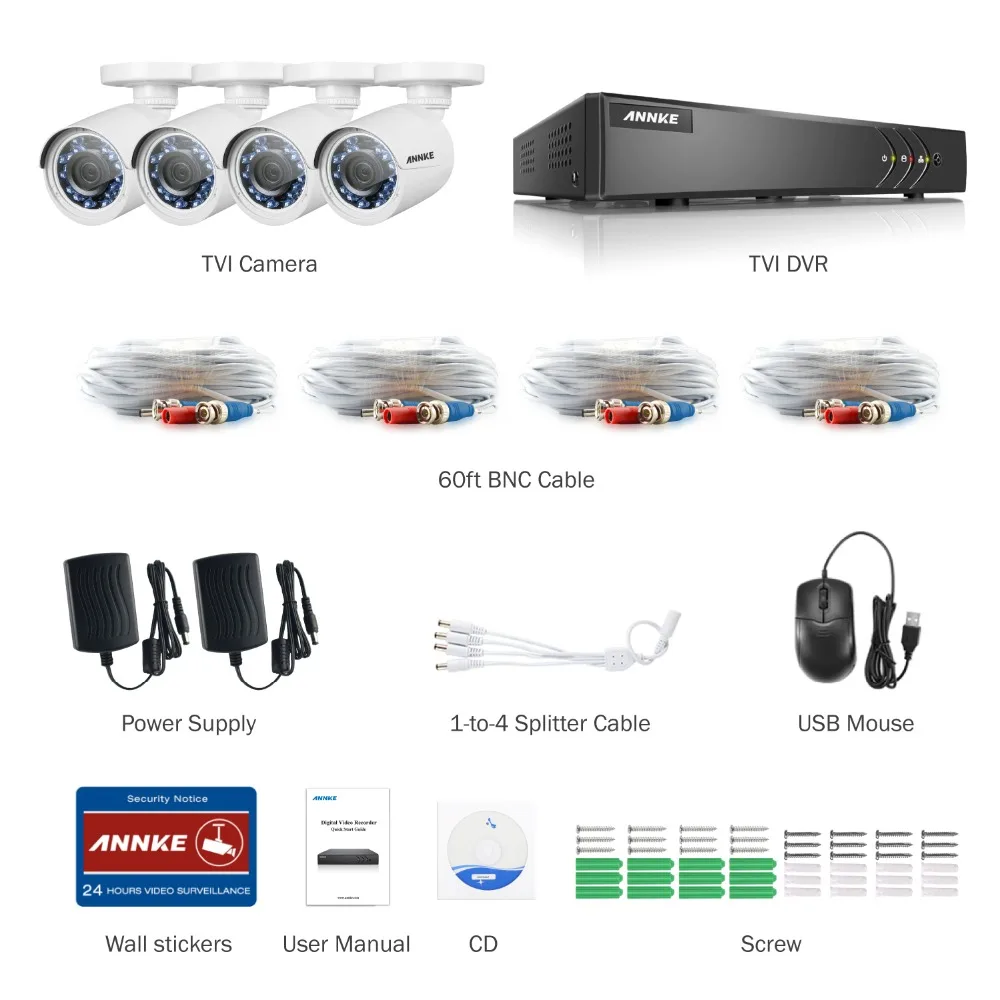 ANNKE 4CH HD 720P 5 в 1 1080N DVR 4 шт. 1500TVL уличная Водонепроницаемая Инфракрасная видеокамера