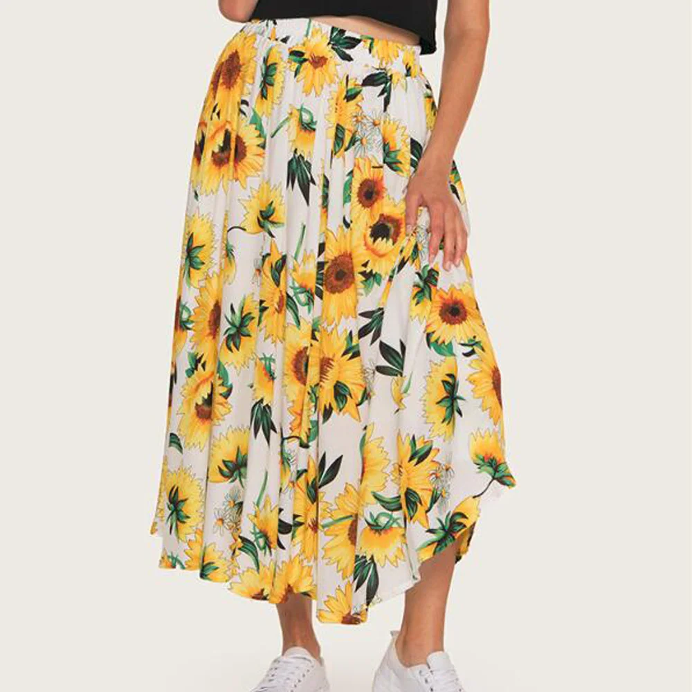 2019 Женская длинная юбка с принтом подсолнуха повседневные винтажные
