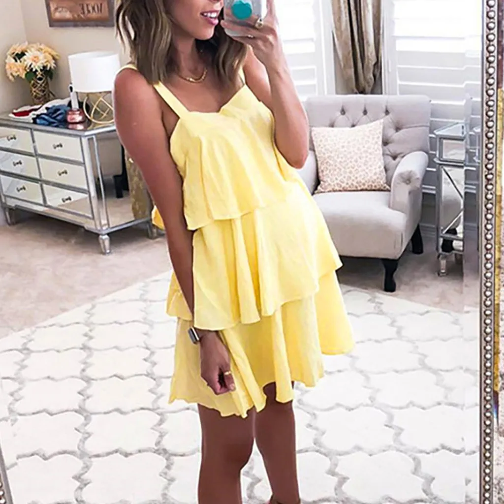 Женское летнее Повседневное платье без рукавов однотонный Топик с оборкой Boho
