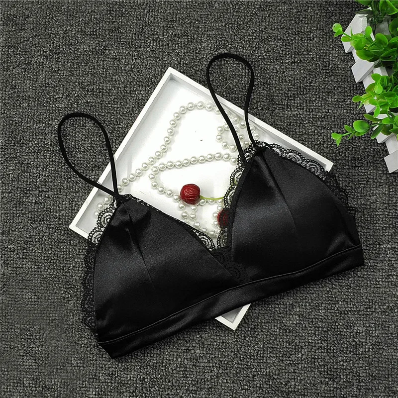 Пикантные гладкие атласные черный белый бюстгальтер мягкий Треугольники