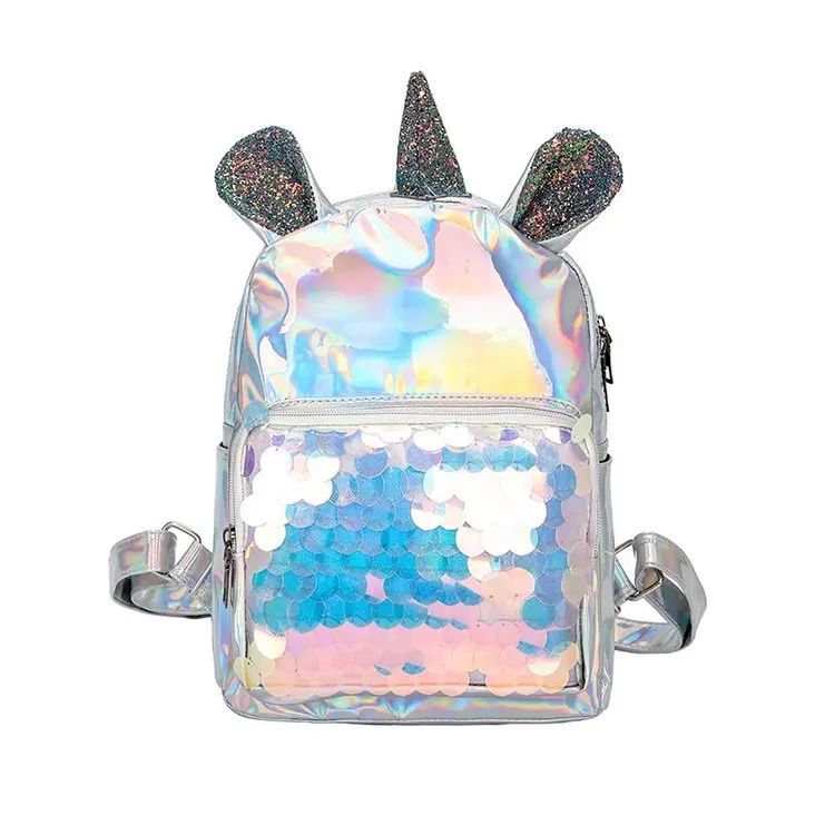 

Unicorn Hologram Backpacks Women Laser Mini Double Shoulder Bag Kawaii Lolita Student Sequin Backpack With Cute Ear