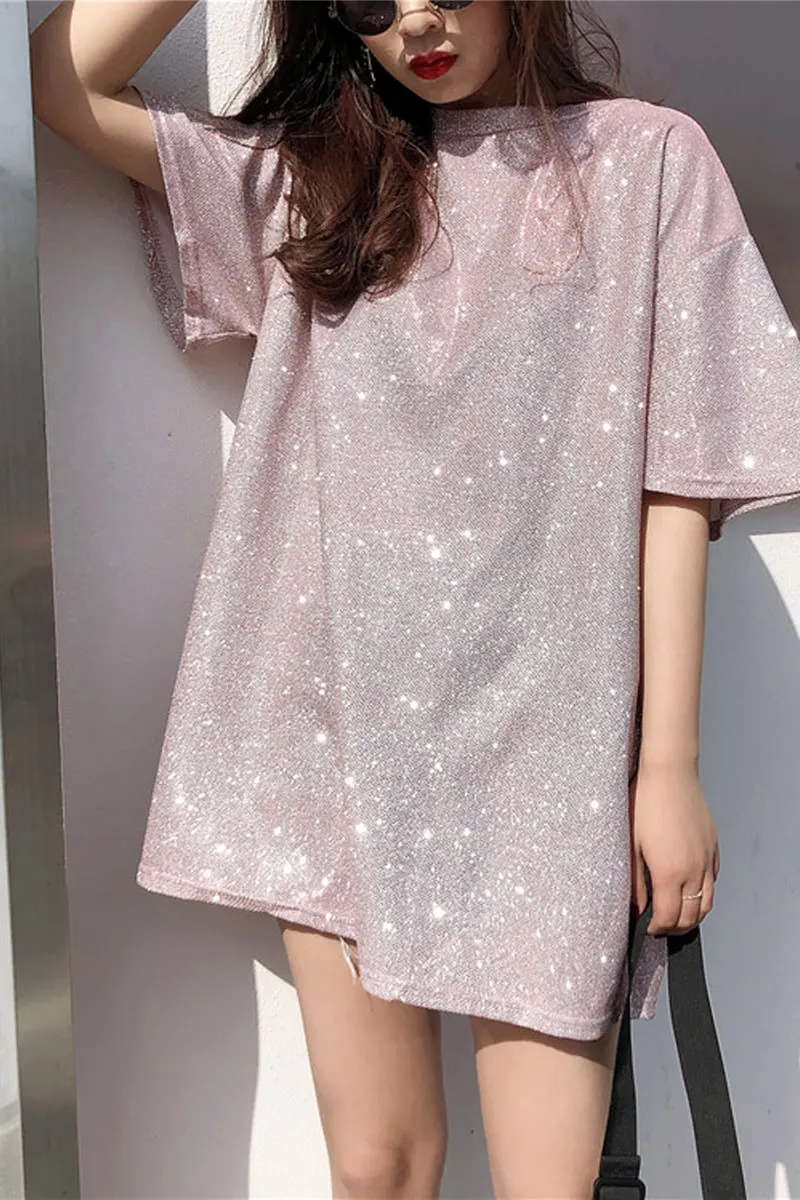 Женская футболка с мерцающими вставками модный топ свободного покроя коротким