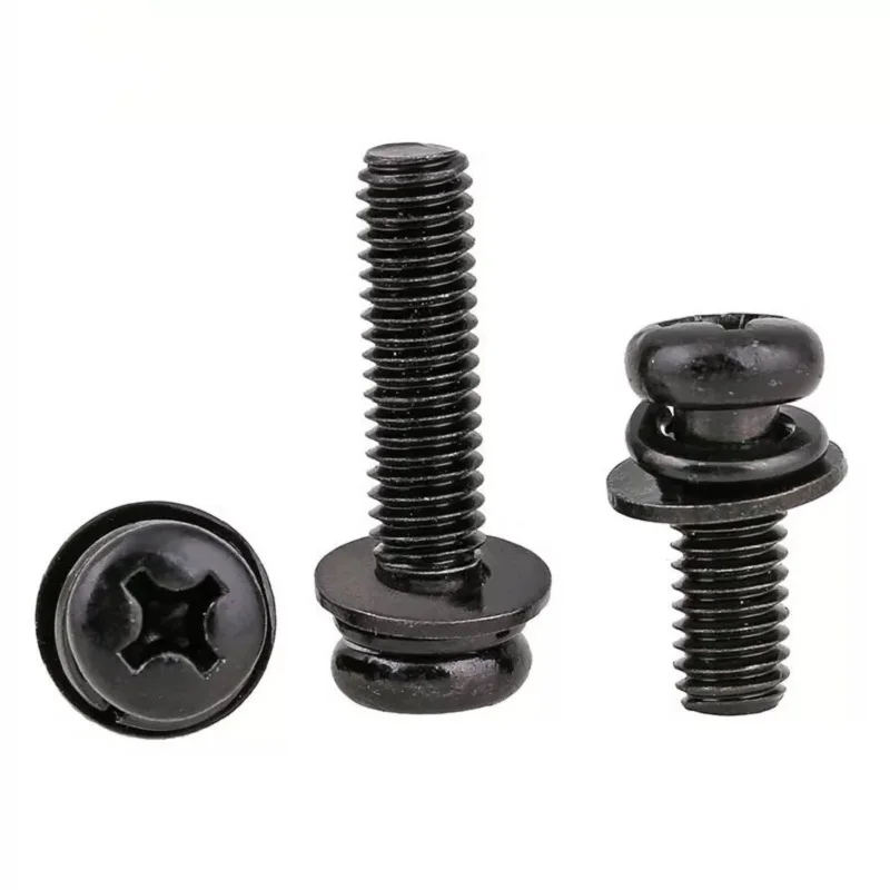 

100PCS M2.5 M3 M4 GB9074.4 Black carbon steel phillips pan head three combination screw sems screws with washer tamper-resistant