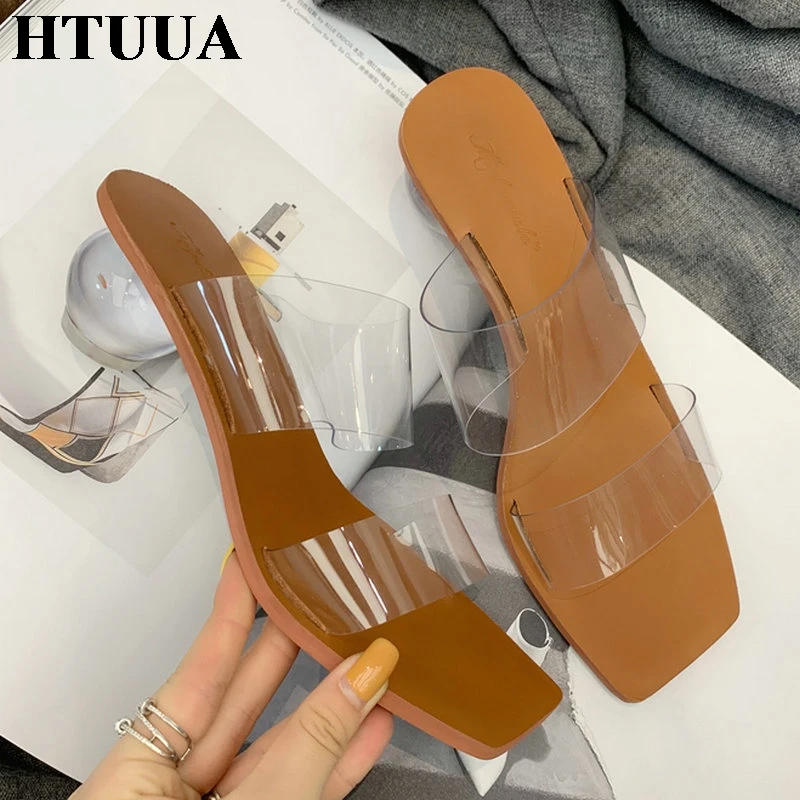 HTUUA 2019 прозрачные сандалии на высоком каблуке с круглым каблуком искусственная