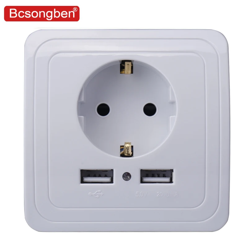 Bcsongben, двойной USB порт, настенное зарядное устройство, адаптер для зарядки, 2А, настенное зарядное устройство, адаптер, стандарт ЕС, штепсельная розетка, розетка, золотая - Тип: white