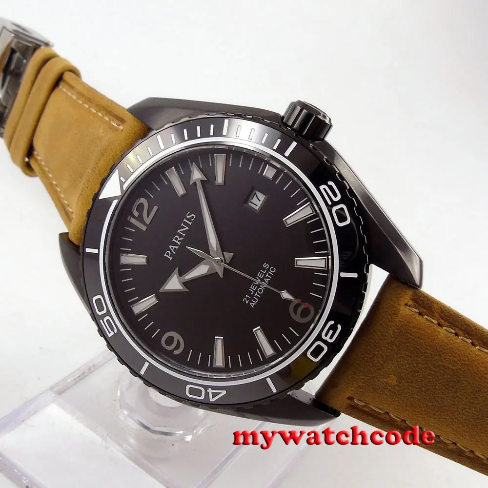 

45 мм Parnis черный циферблат PVD корпус сапфировое стекло miyota автоматические мужские часы 305B